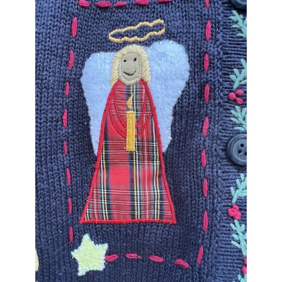 Vintage 80s Northern Treasures blue embroidered Christmas Holiday cardigan M - Picture 4 of 14